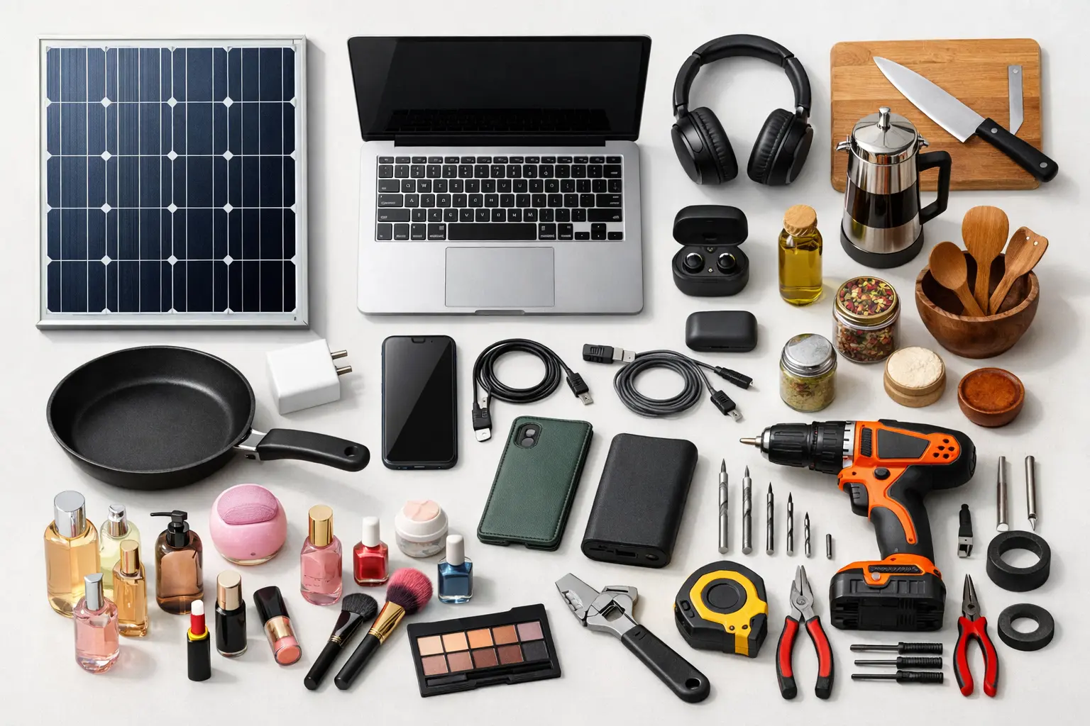 Assorted imported products on white background