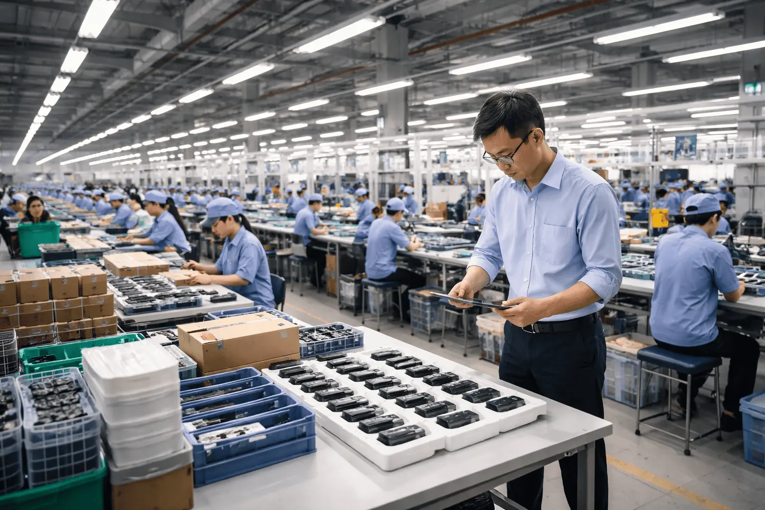 Supervisor inspecting electronics on a production line in a large Chinese factory with rows of workers assembling components