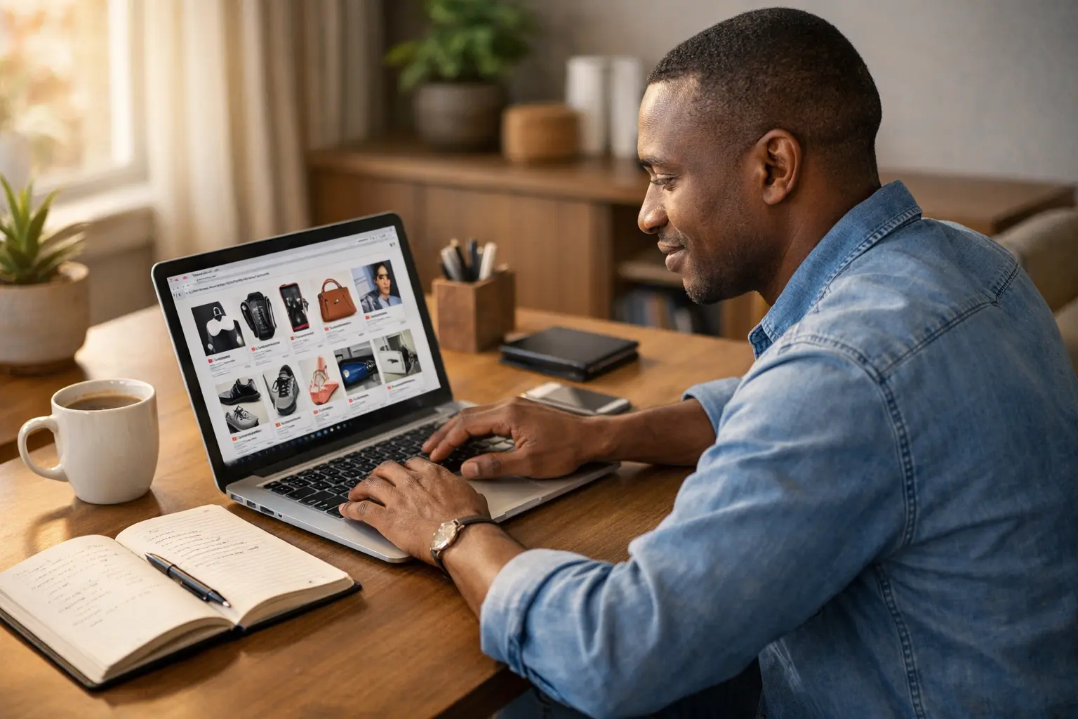 Kenyan entrepreneur browsing products on a laptop at a warm modern desk with notebook and coffee