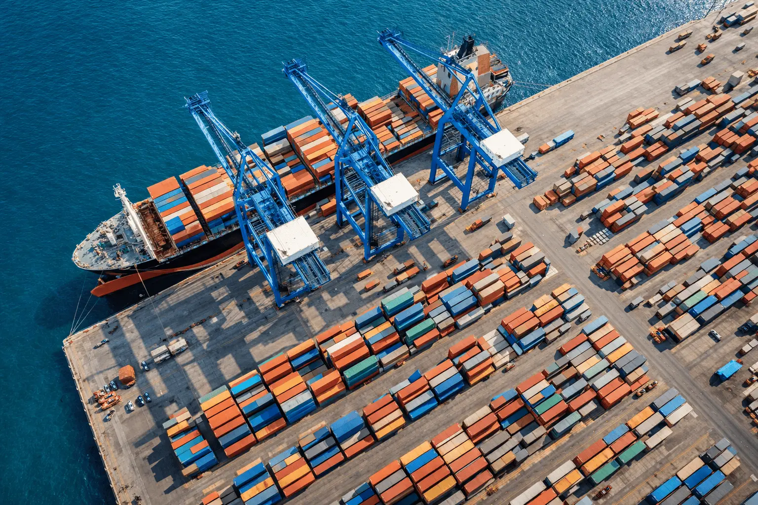 Drone aerial view of a container port with a cargo ship being unloaded by blue cranes, rows of colorful shipping containers on the quay