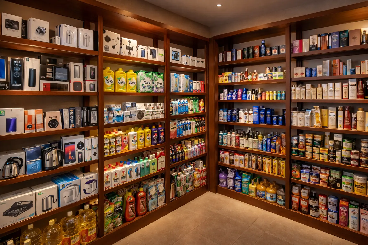 Well-stocked Kenyan retail shop shelves with electronics, household goods, and beauty products