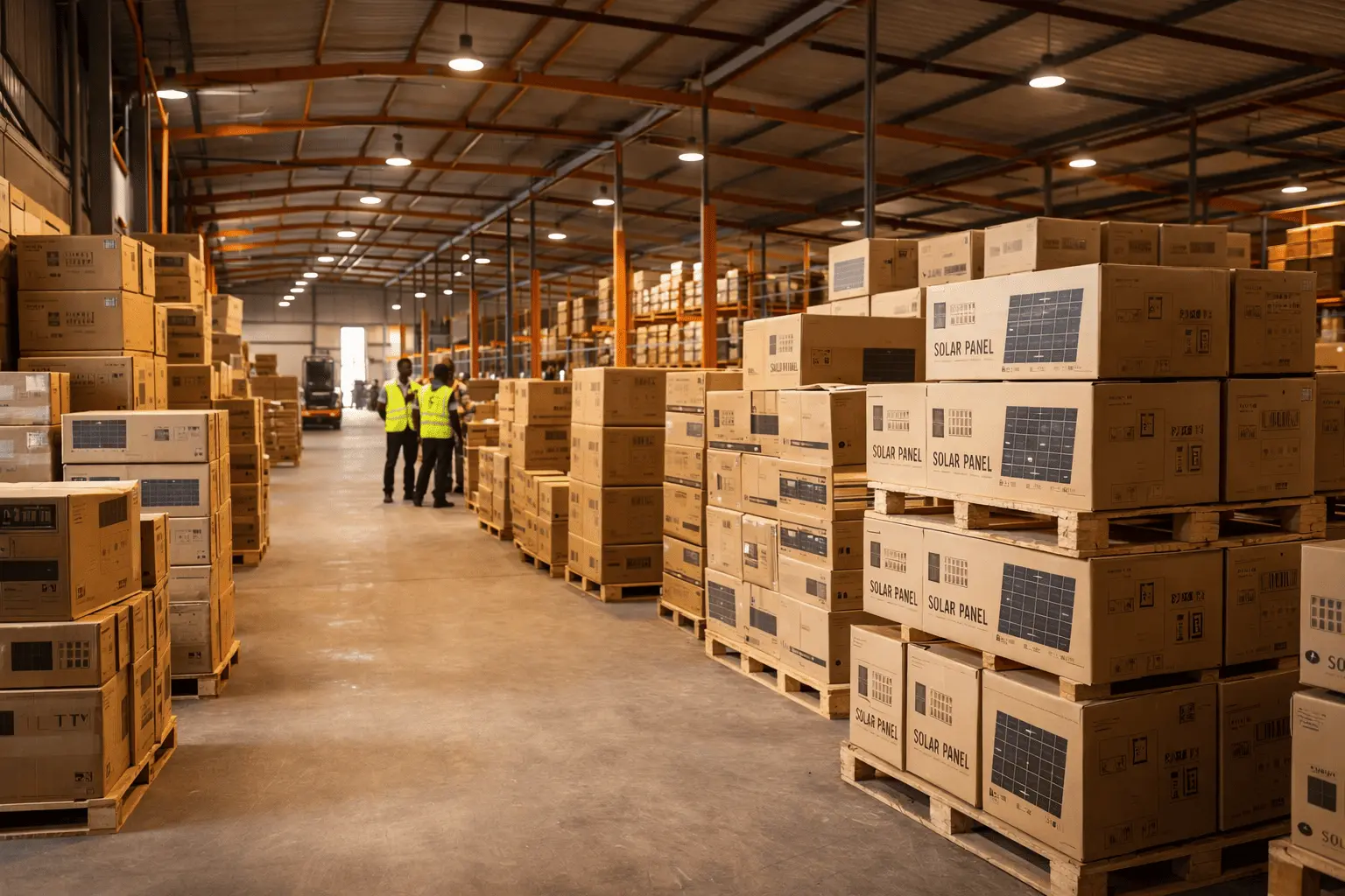 Workers in high-visibility vests inside a large warehouse stacked with solar panel boxes and electronics on pallets