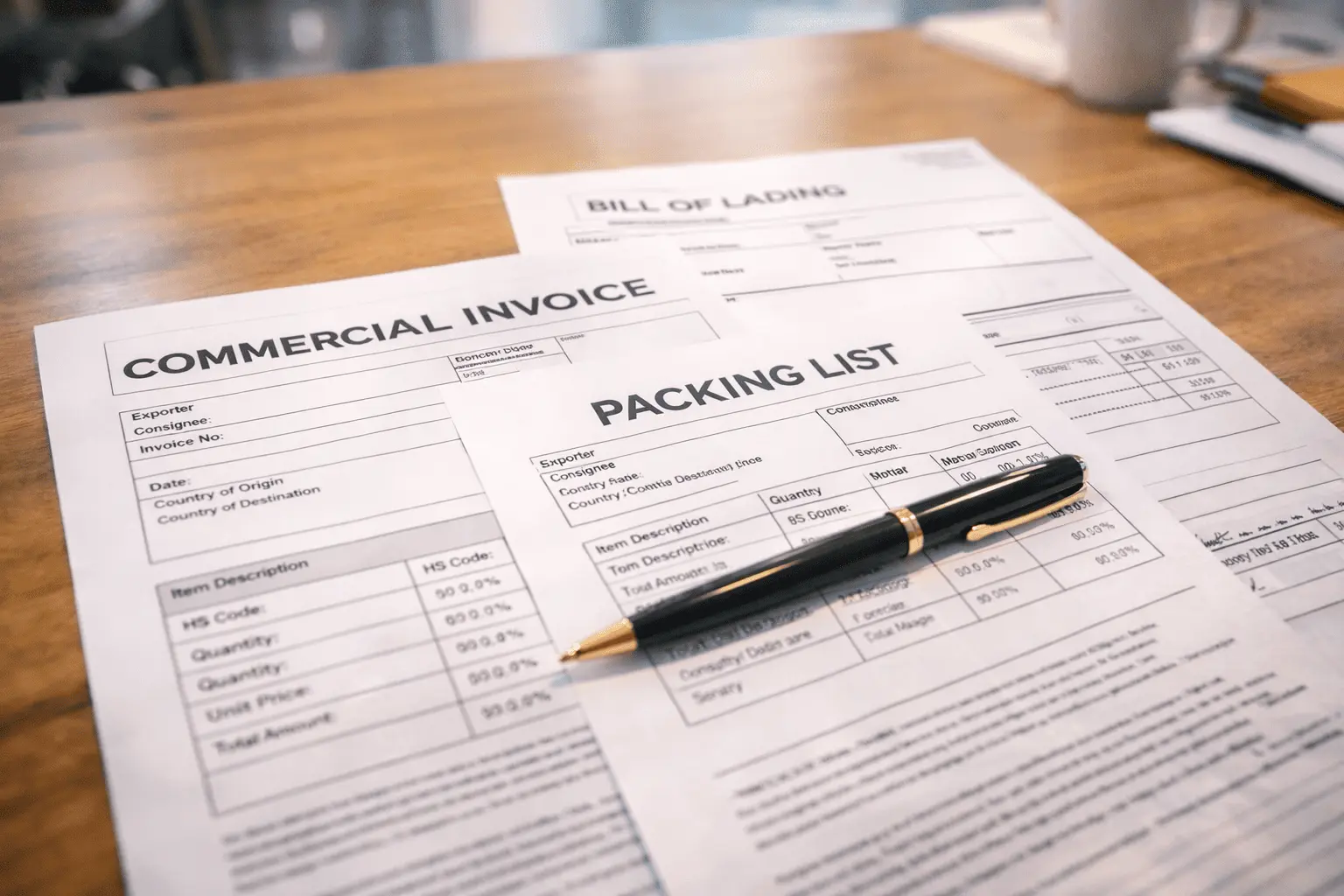 Commercial invoice, packing list and bill of lading documents spread on a wooden desk with a pen