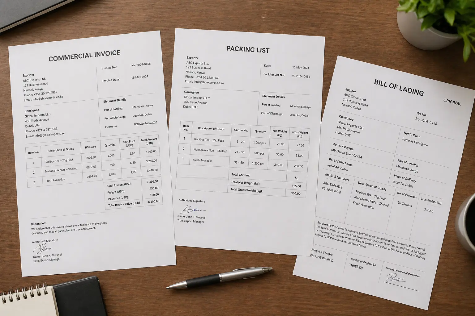 Import documents including commercial invoice, packing list and bill of lading on a wooden desk