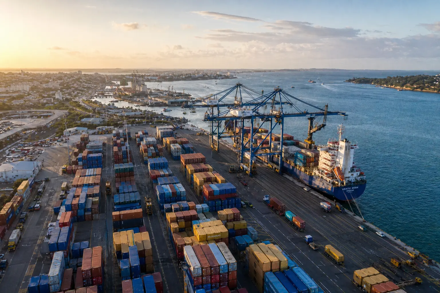 Busy seaport at sunset with cargo containers and cranes, representing Mombasa port clearance