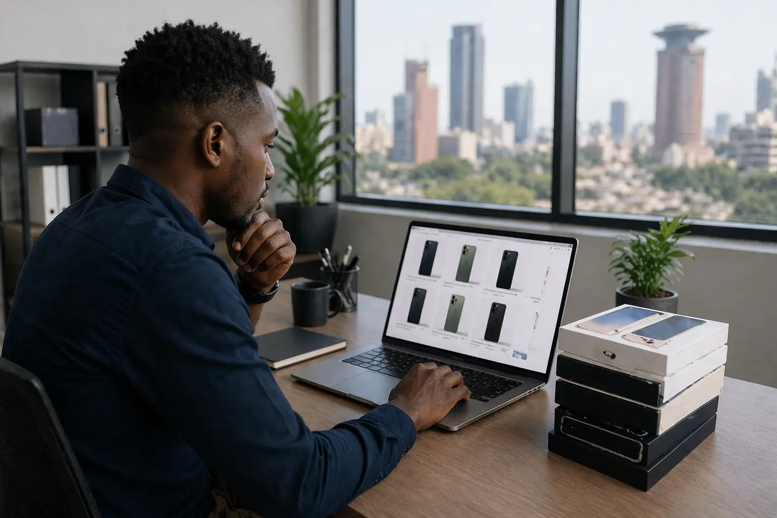 Kenyan entrepreneur researching Chinese phone suppliers on a laptop with smartphone boxes nearby
