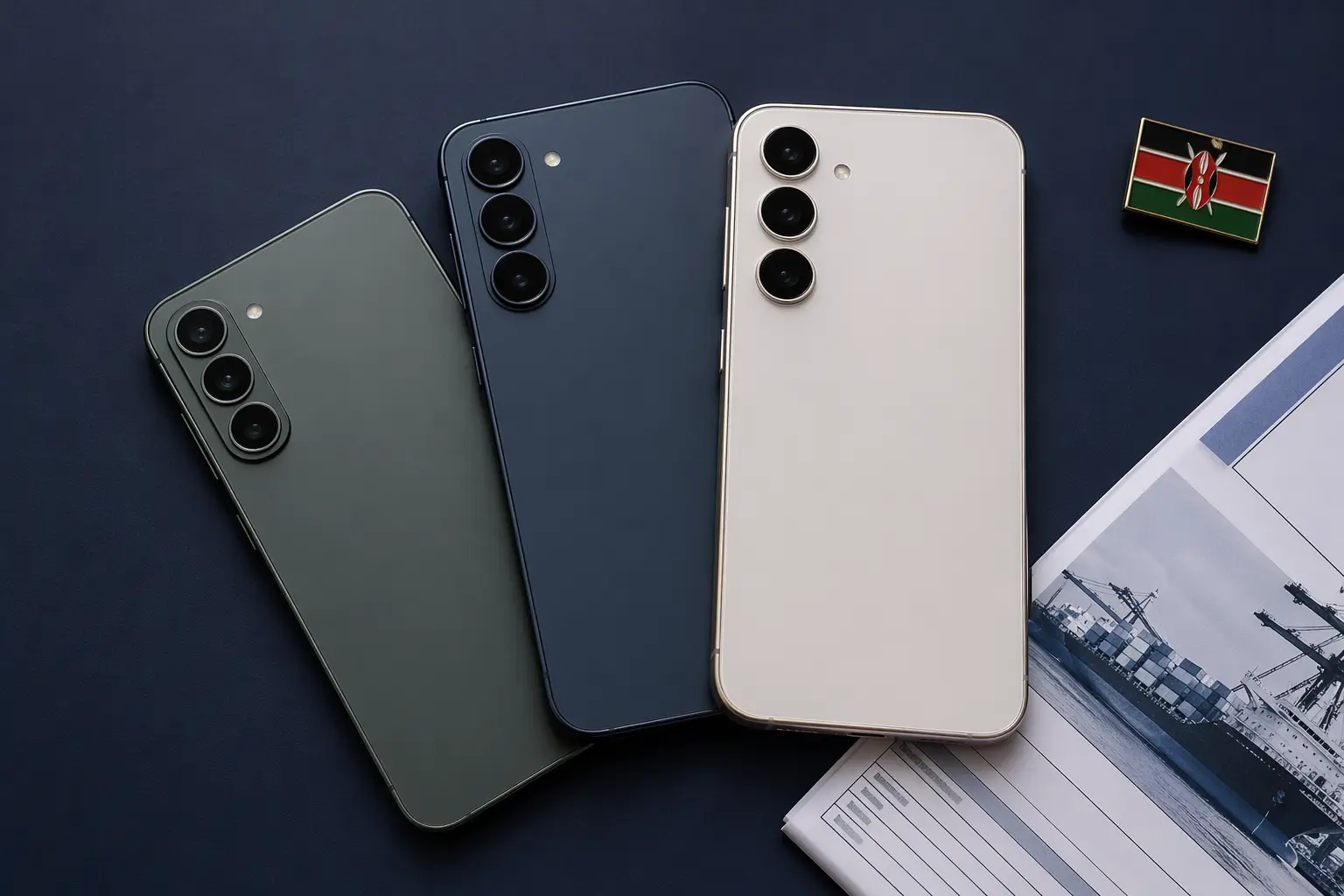 Smartphones and flag on navy backdrop