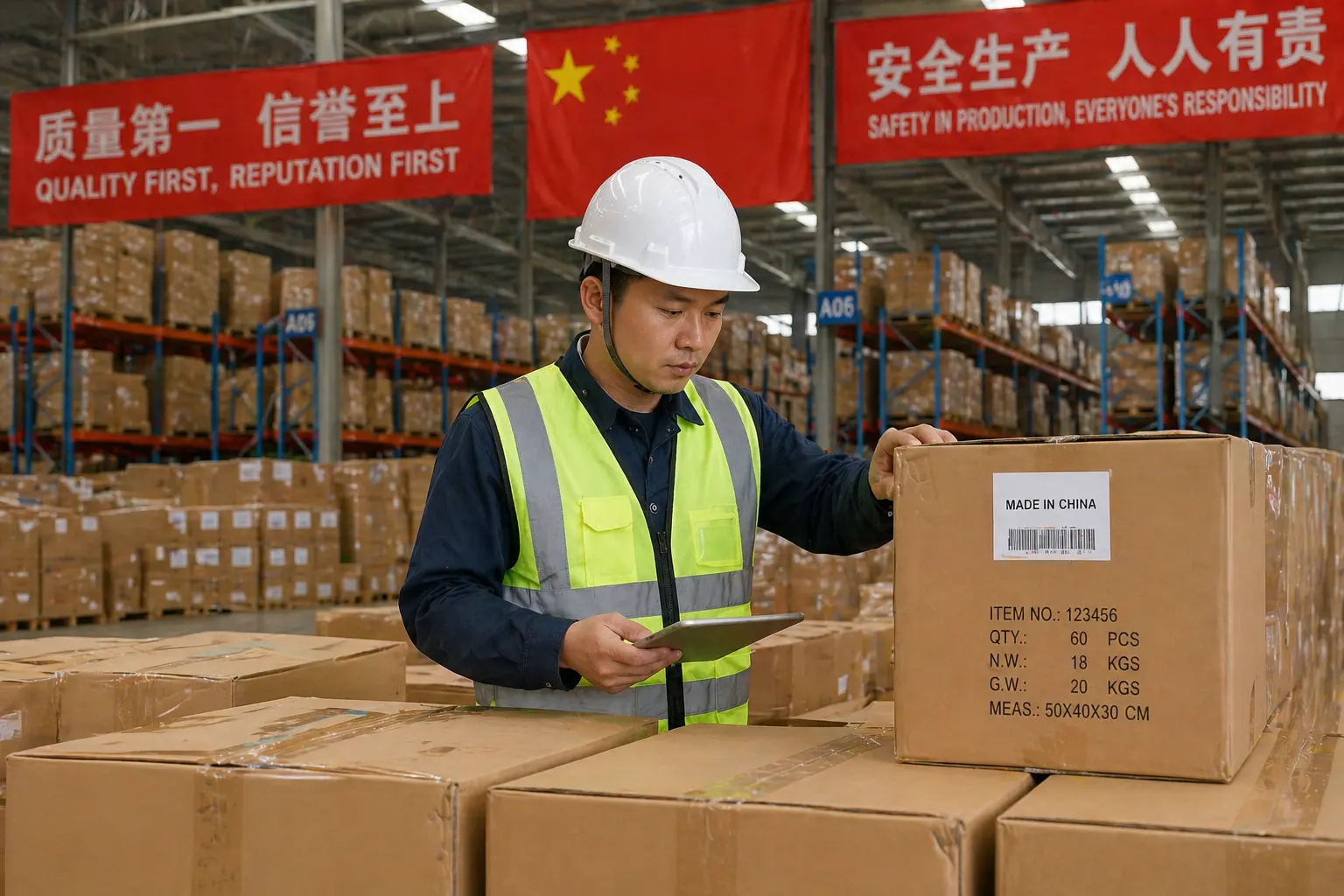 Warehouse worker inspecting boxes in a storage facility before export to Kenya