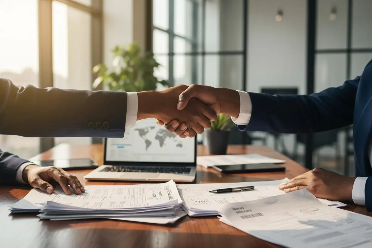 Two business people shaking hands across a desk with shipping documents visible