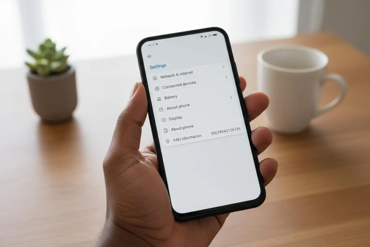 Hand holding smartphone showing IMEI number on settings screen for verification before import