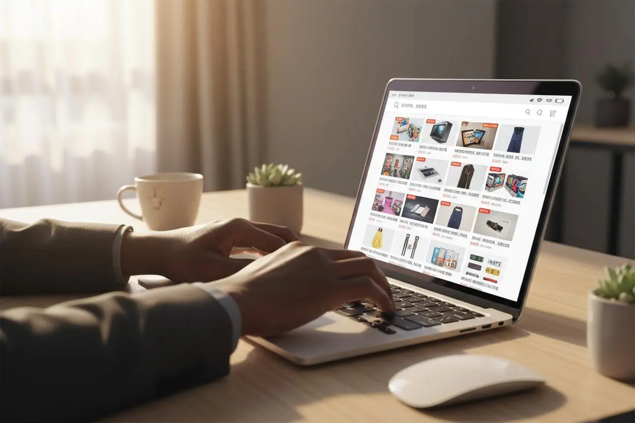 Hands typing on a laptop with Chinese product search results visible on screen