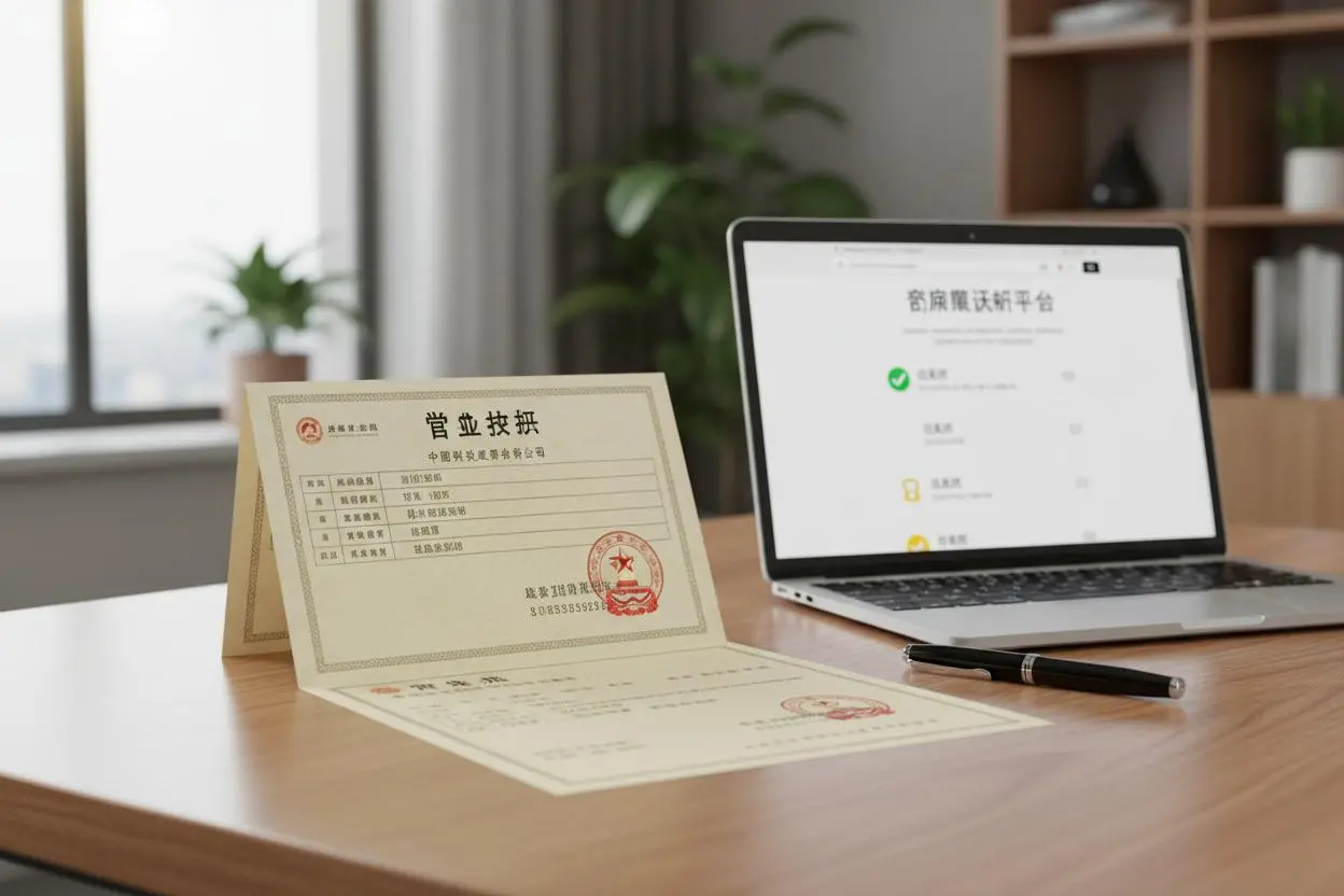 Chinese business license document on a desk next to a laptop showing a supplier verification website