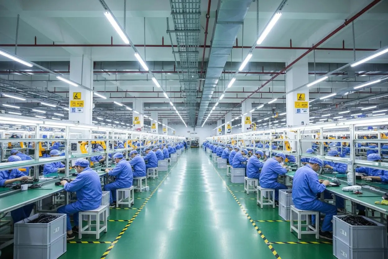 Wide shot of a large Chinese factory floor with workers assembling products on a production line