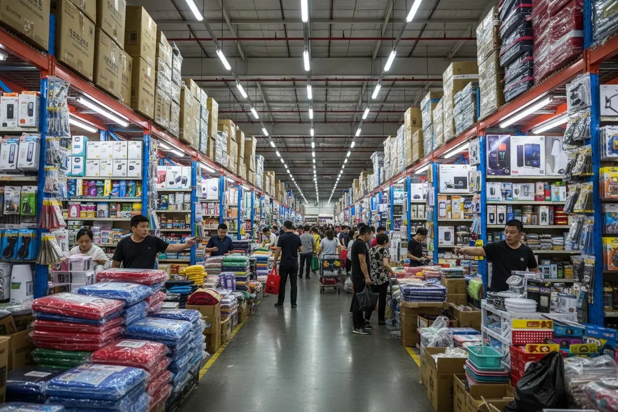 Busy Chinese wholesale market with vendors and rows of packaged products on shelves