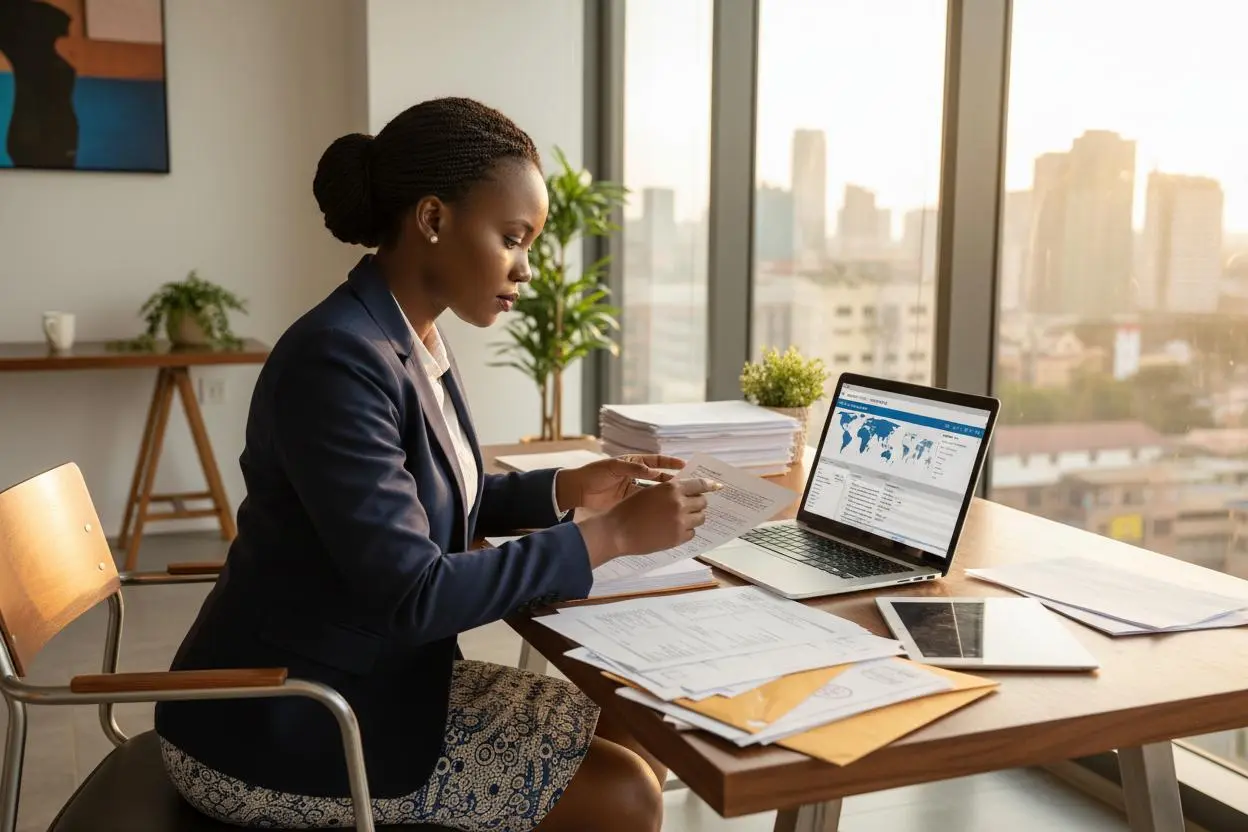 Kenyan business owner reviewing shipping documents and freight quotes on a laptop
