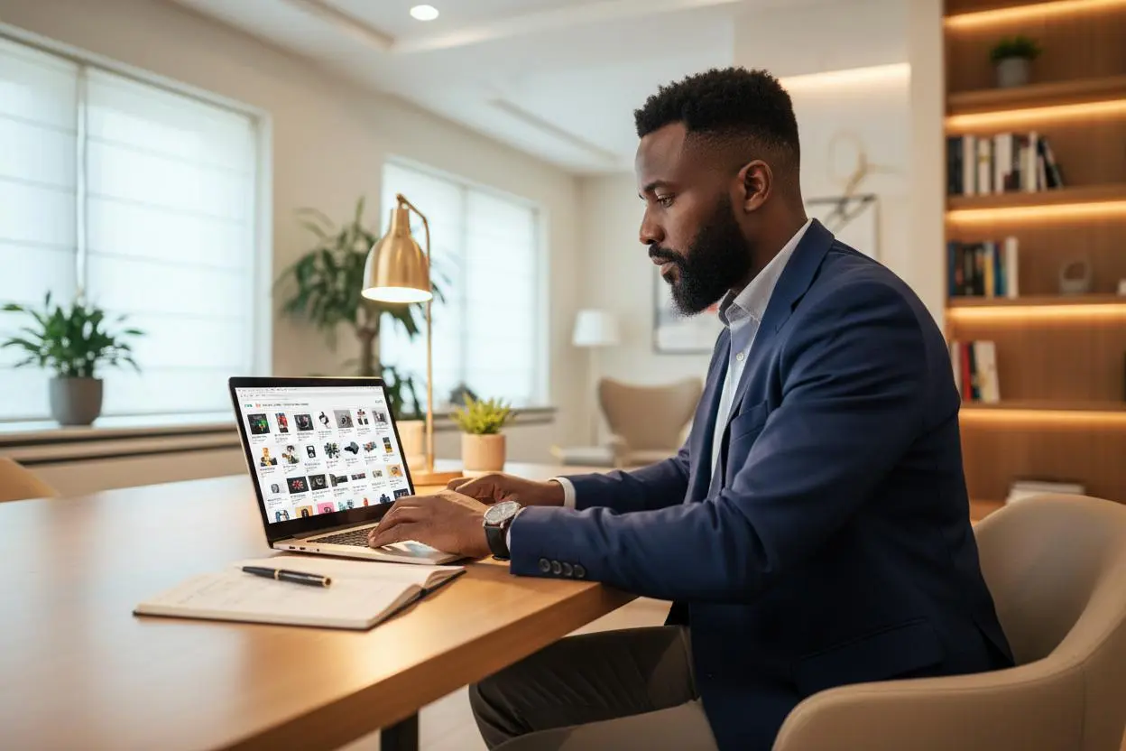 Kenyan entrepreneur browsing Chinese product listings on a laptop at a desk