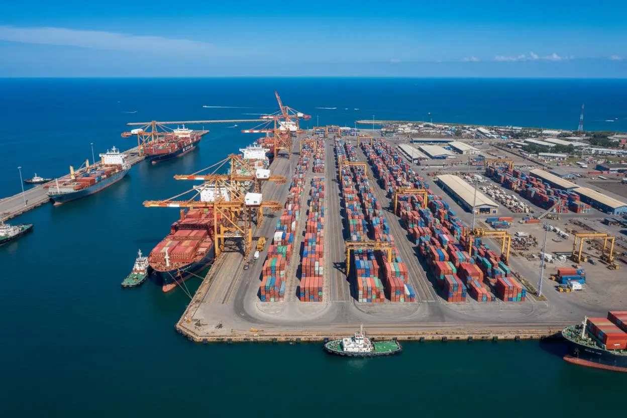 Aerial view of Mombasa port with cargo ships docked and colorful shipping containers