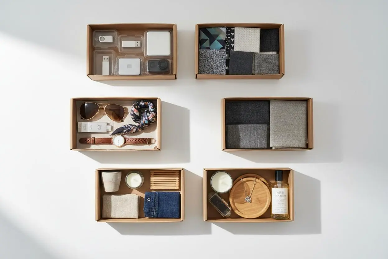 Product samples in boxes arranged on a white table, overhead shot showing different product types for quality checking