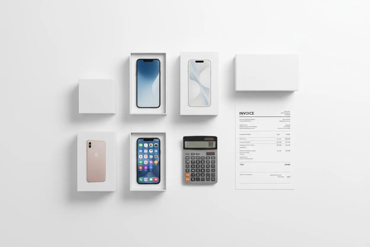 Smartphone boxes arranged with invoice and calculator representing phone import cost calculation