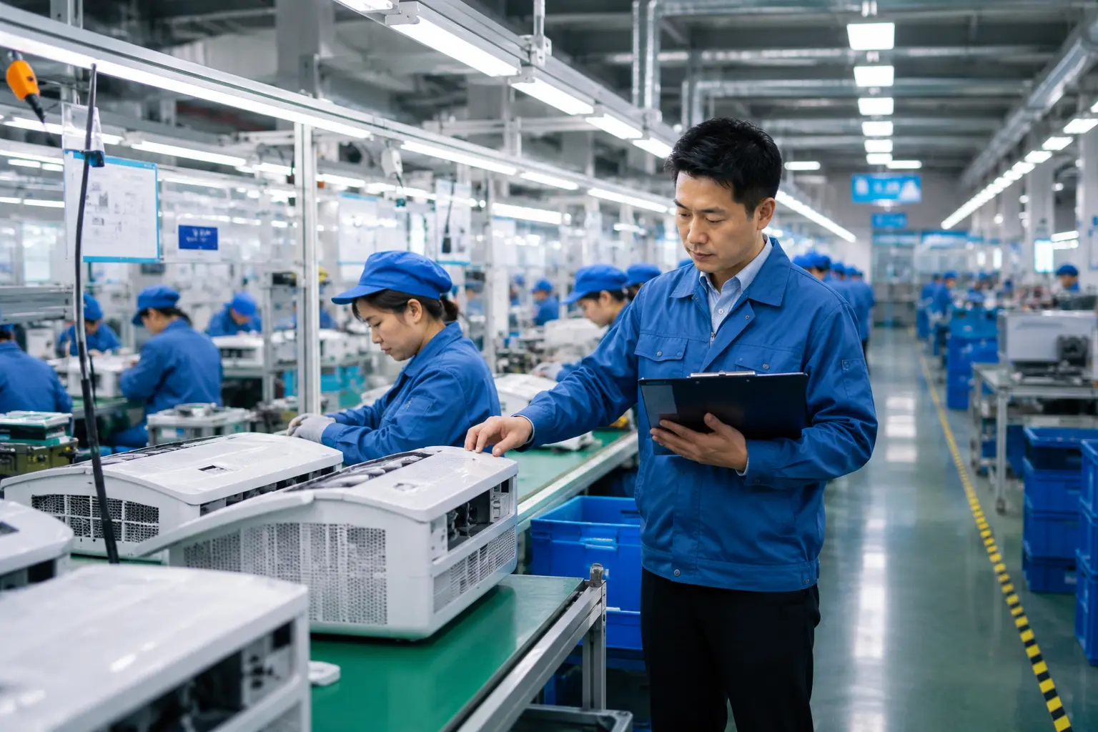 Inspector checking goods on a production line at a Chinese factory during quality control for Kenya import order
