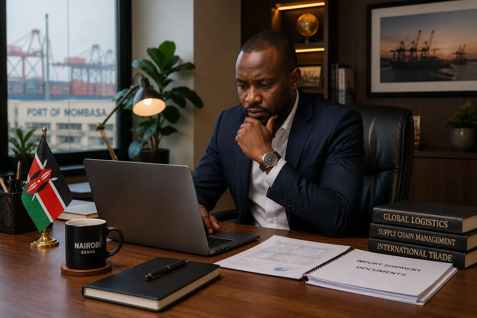 Focused Kenyan professional in modern office reviewing sea freight vs air freight options