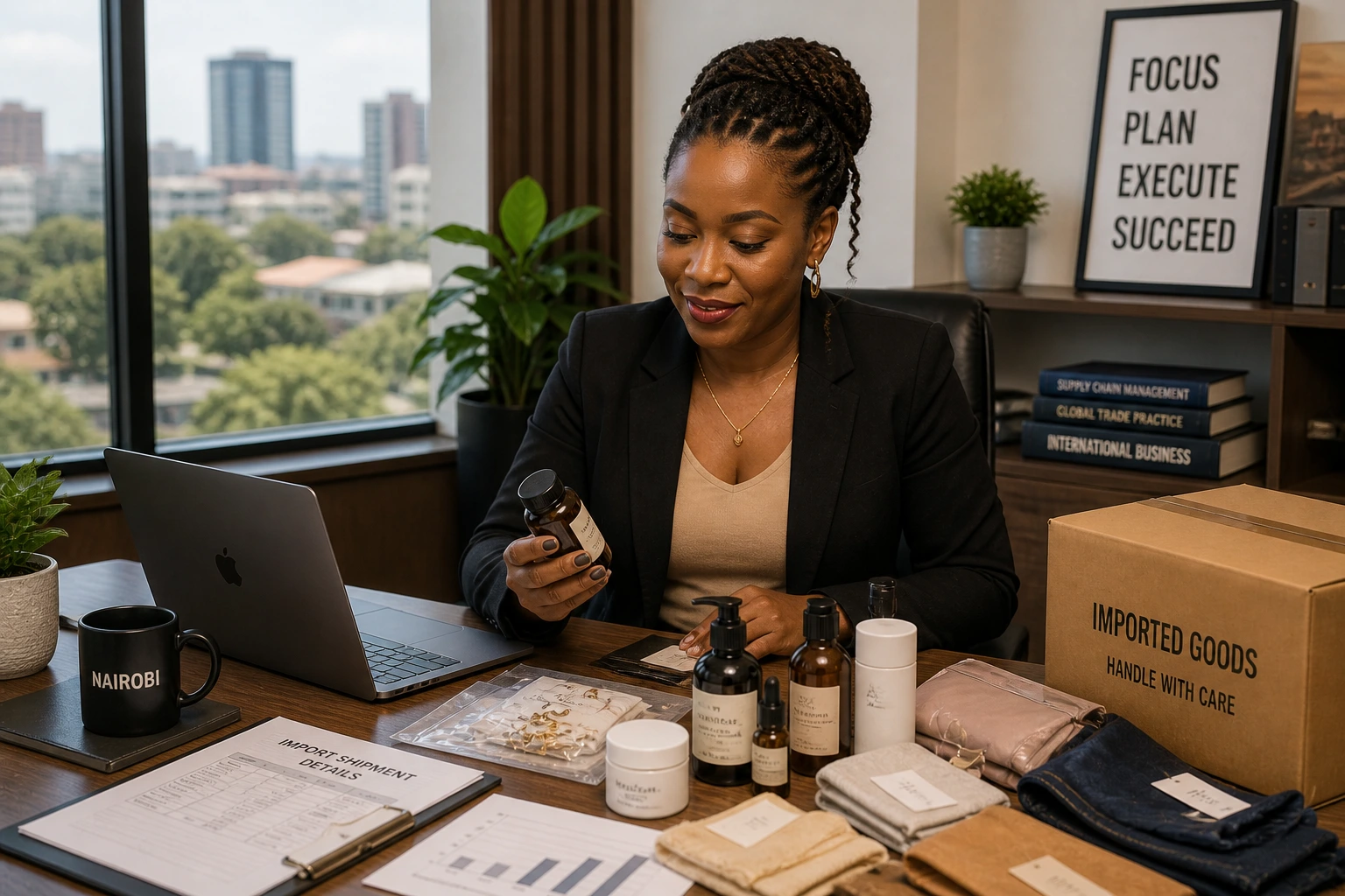 Kenyan entrepreneur reviewing product samples to learn how to start an import business in Kenya importing from China