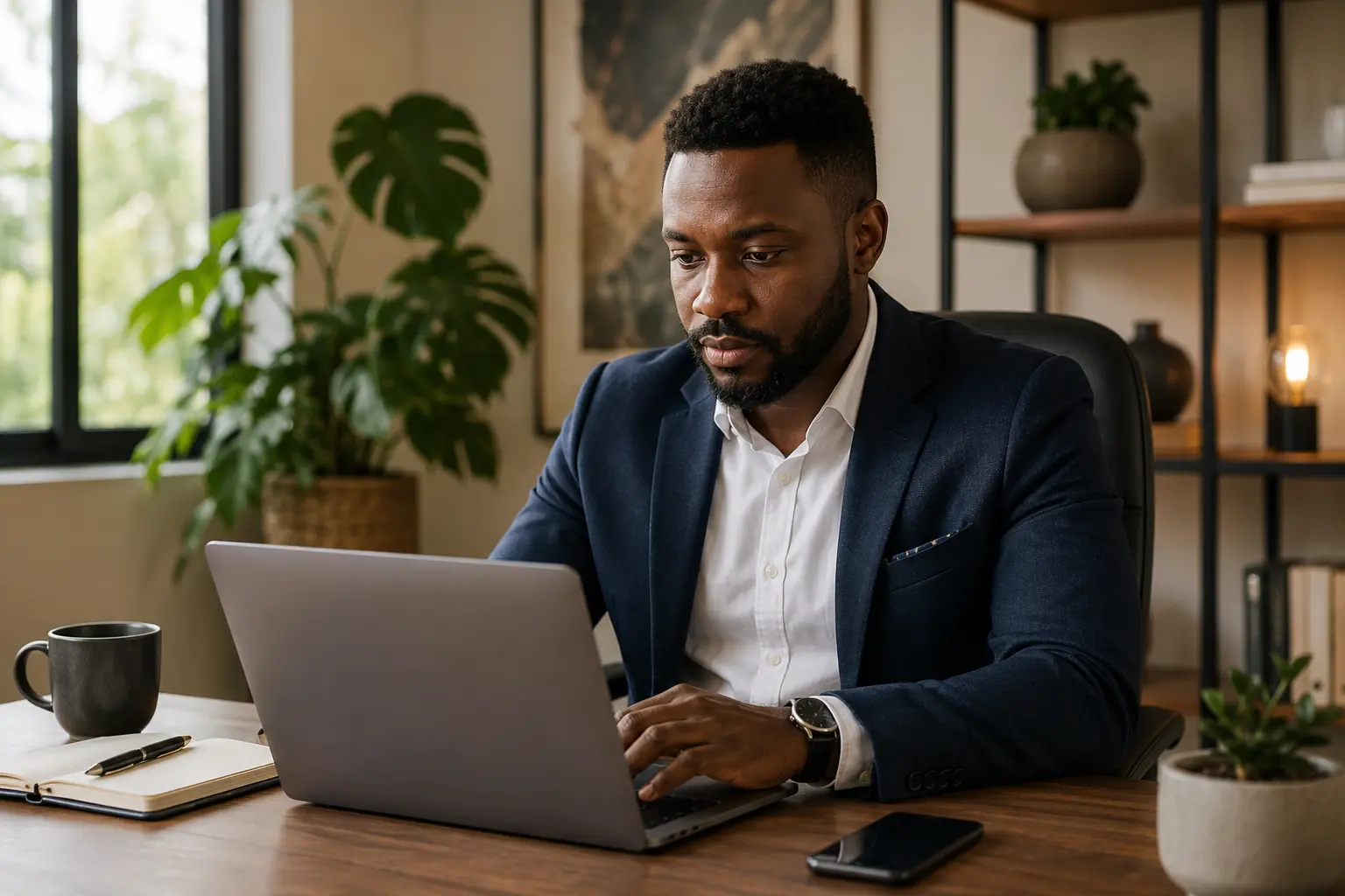 Focused professional at a modern desk