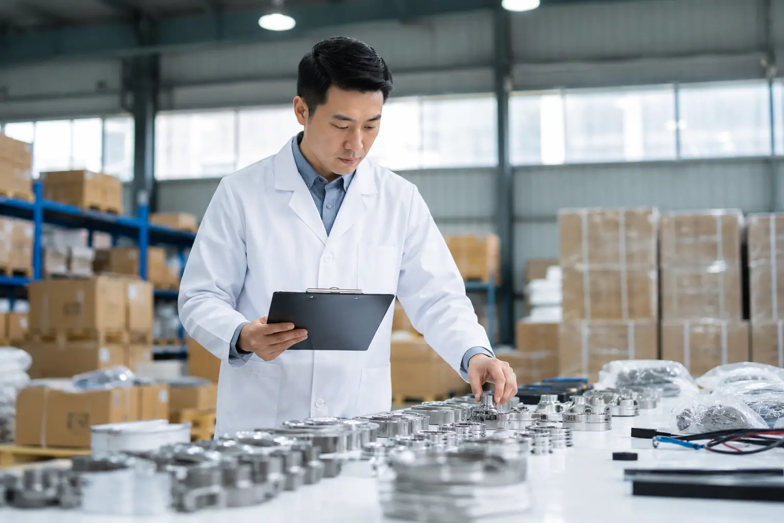 Quality inspector checking China import goods at a Chengdu warehouse before shipment to Kenya importers