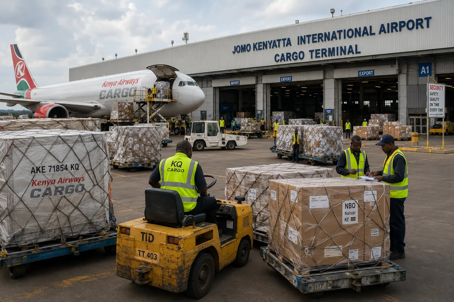 Air freight cargo at JKIA cargo terminal awaiting customs clearance for Kenya importers from China