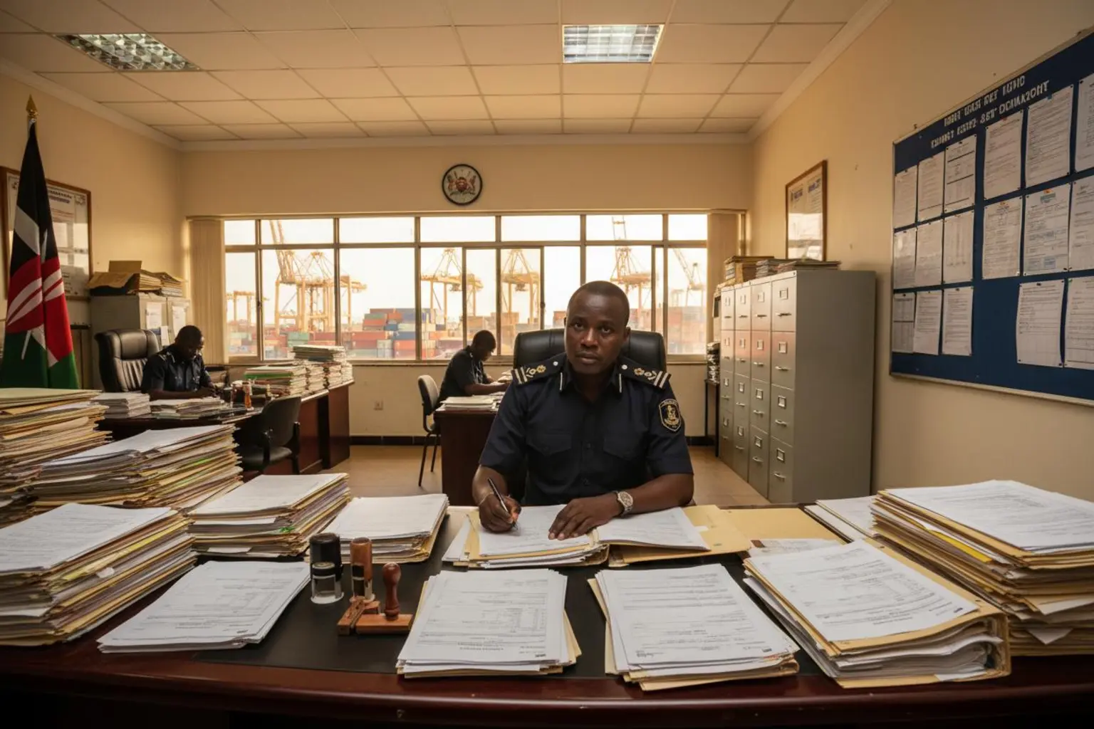 hs codes kenya: customs official reviewing import declaration documents at Mombasa port