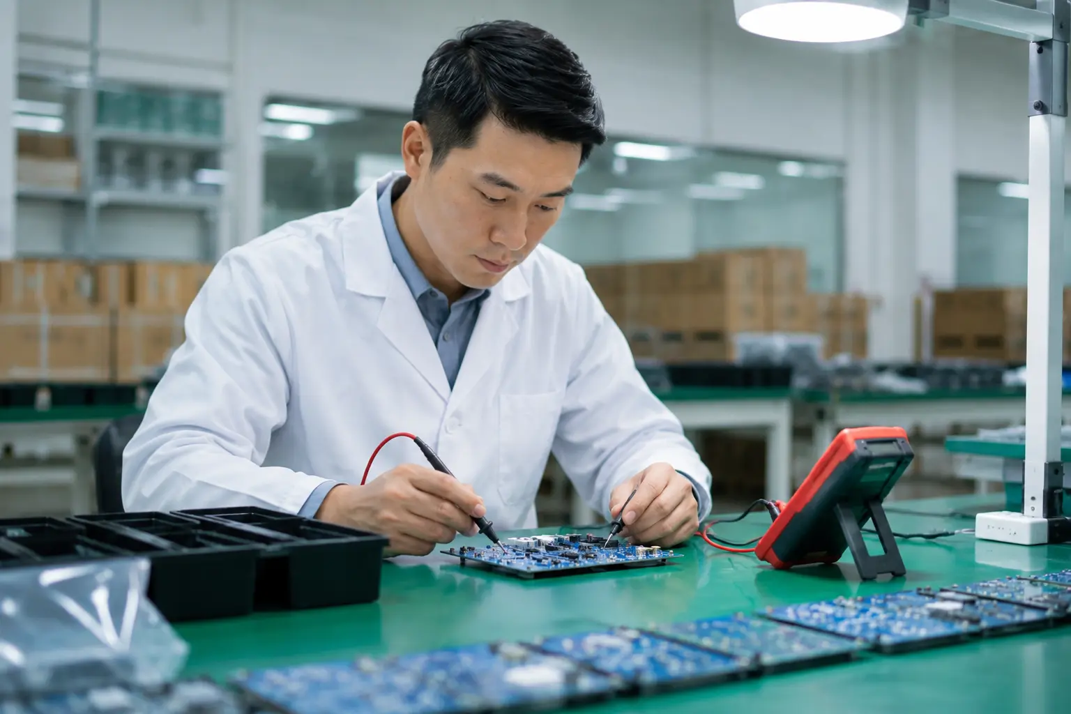 Lab technician inspecting a circuit board for quality control China imports electronics category