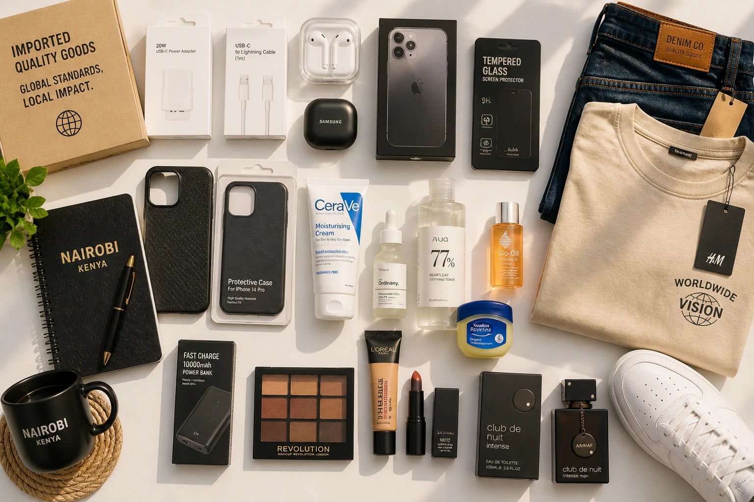 Product samples laid out on a table for evaluation before starting an import business in Kenya