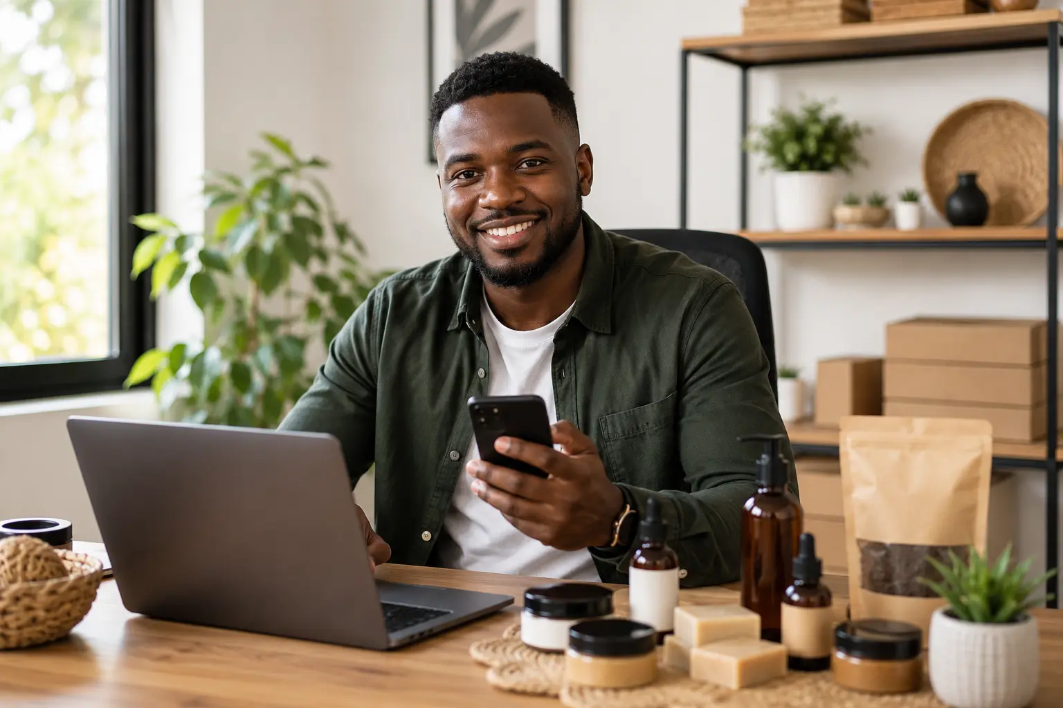 Kenyan entrepreneur learning how to sell imported products in Kenya using WhatsApp Business on a smartphone