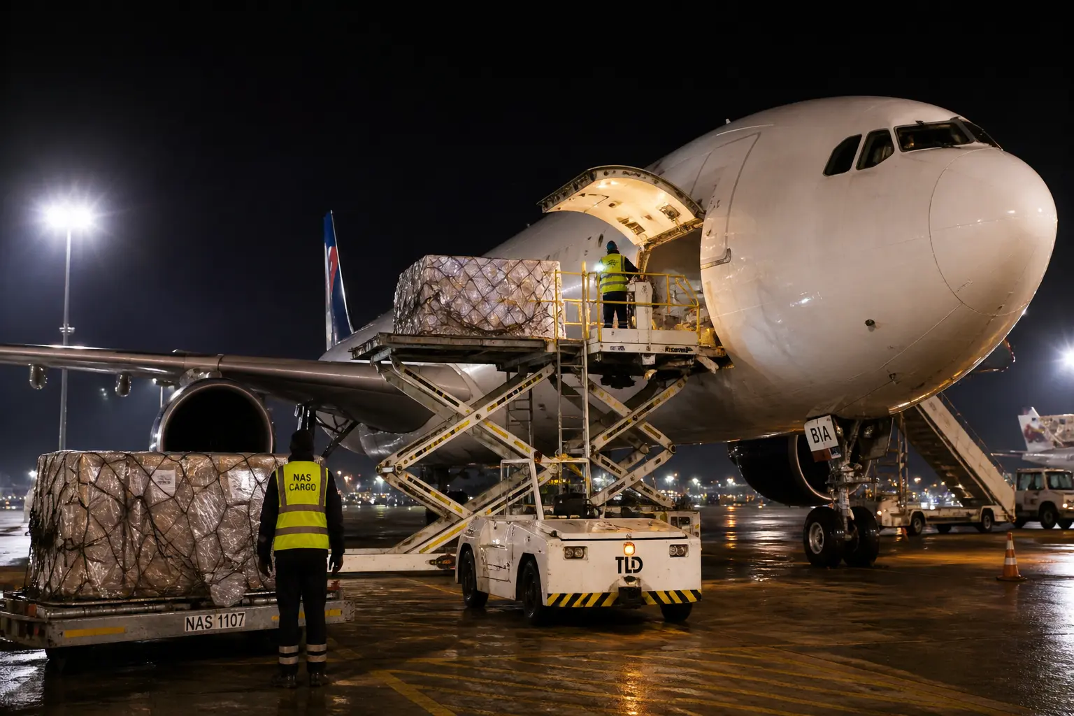 Night time cargo loading at airport representing air freight from China to Kenya