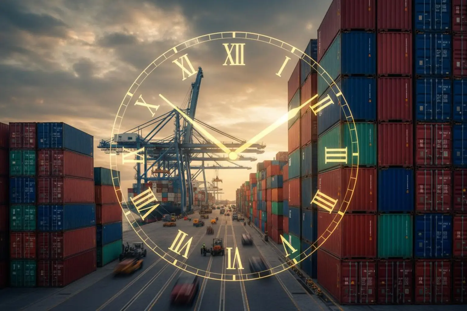 Shipping containers at Mombasa Port with clock showing time pressure and demurrage costs accumulating for Kenya importers