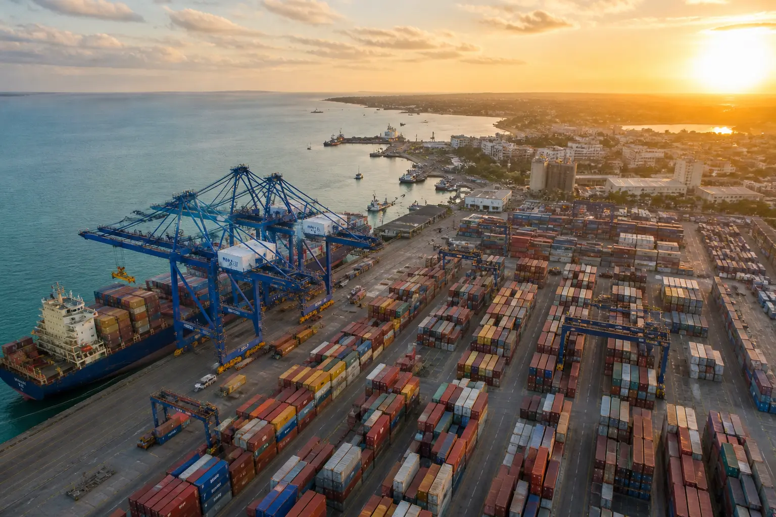 Port terminal at sunset with cargo containers and cranes representing Mombasa sea freight