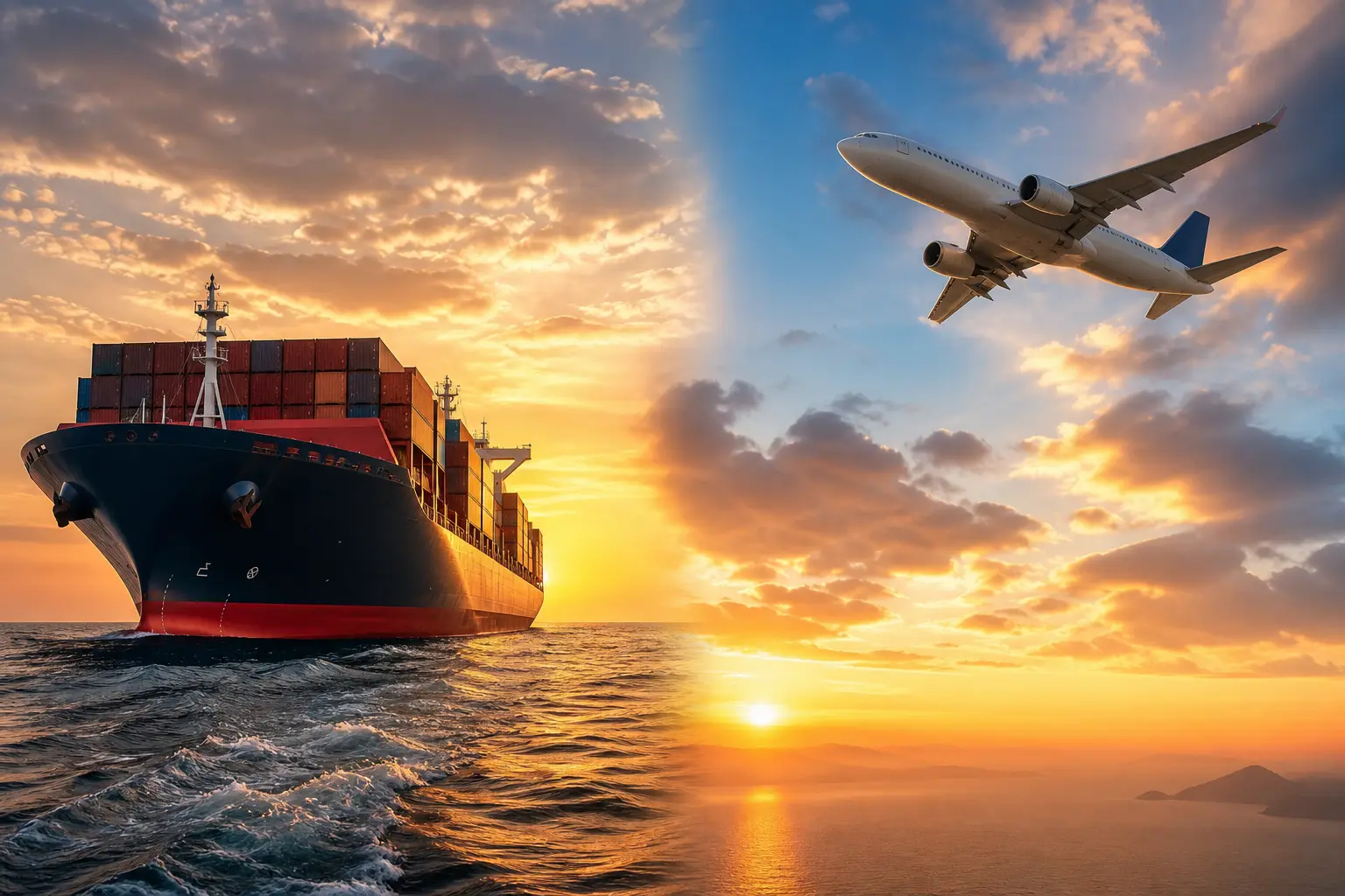 Sea freight vs air freight China Kenya: sunset voyage showing sea and sky split representing freight options