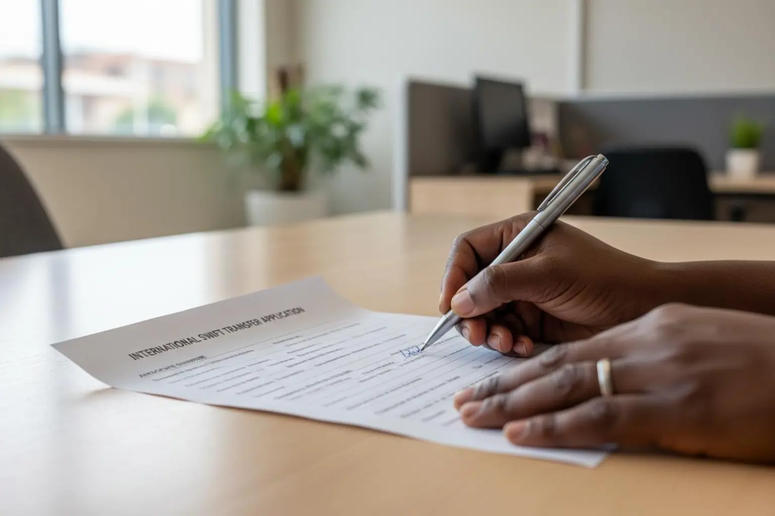 Kenya importer filling out an international bank wire transfer form to pay a Chinese supplier