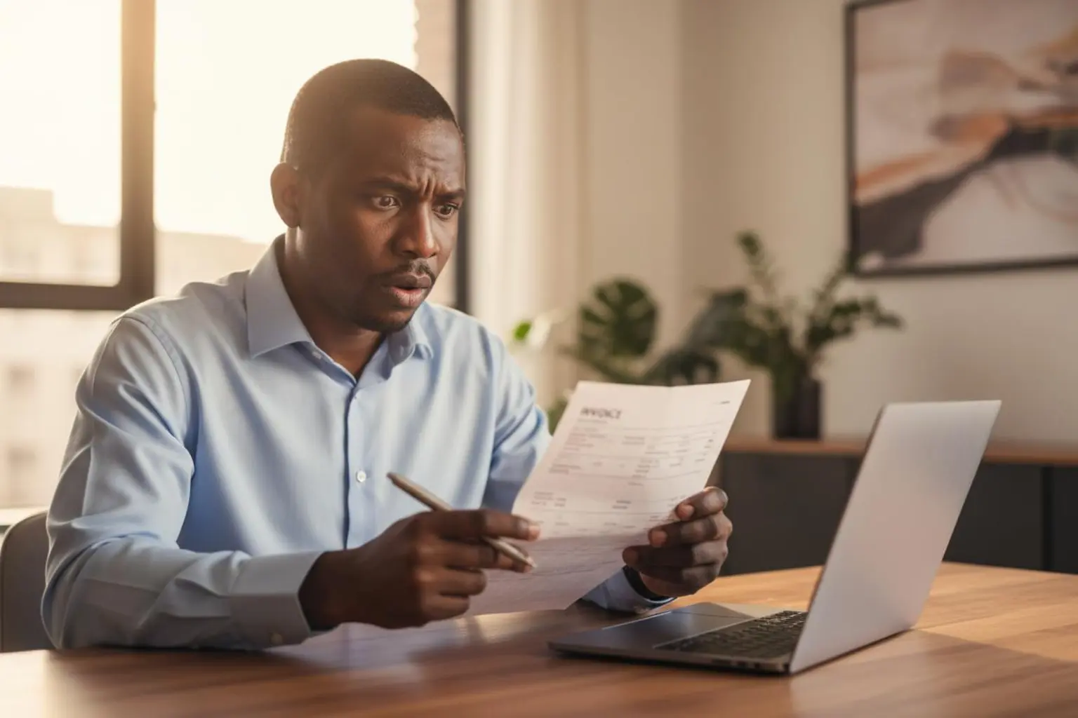 mistakes importing from China to Kenya: Kenyan entrepreneur reviewing supplier invoice with a shocked expression at a desk