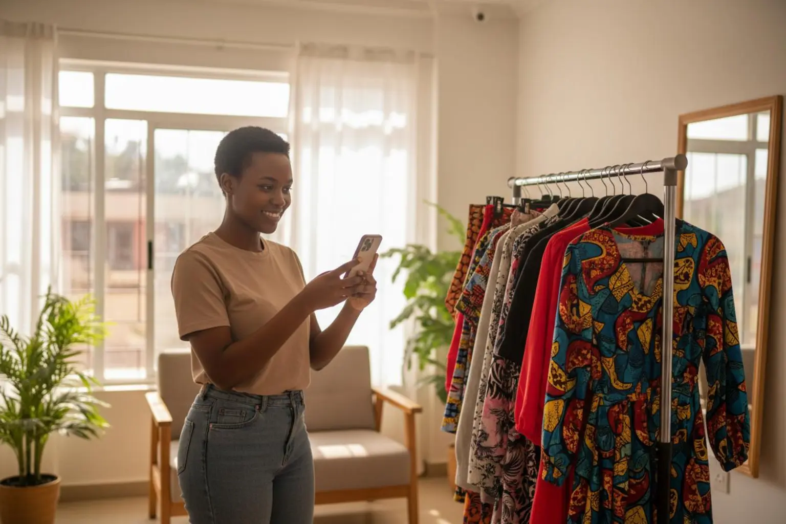 Kenya seller photographing imported products from China for Instagram and TikTok on how to sell imported products in Kenya through social media