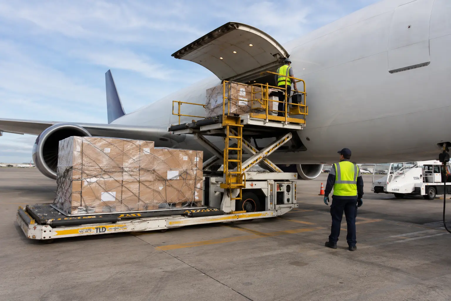 Air freight cargo being loaded for electronics shipment from China to Kenya
