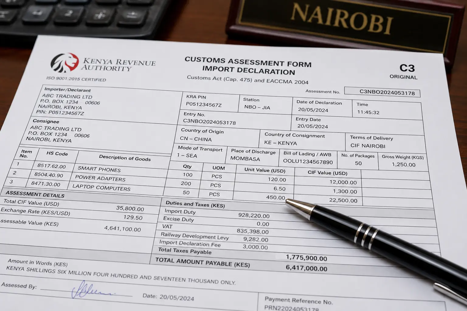 KRA import declaration form showing CIF customs value calculation Kenya