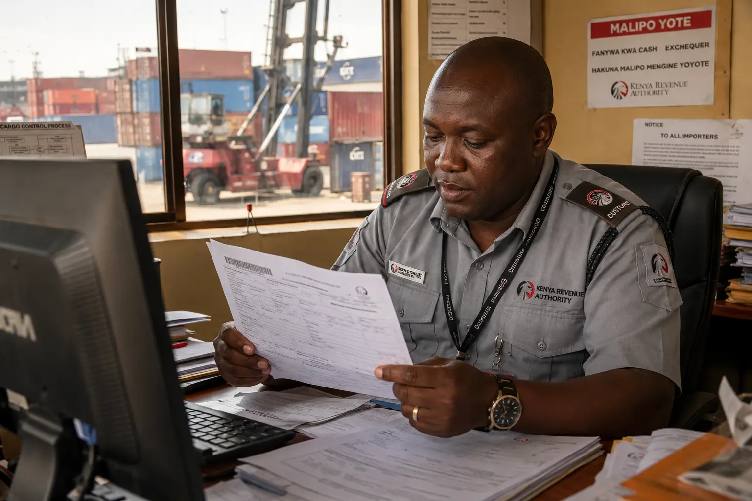IDF in shipping Kenya: KRA officer checking import declaration document