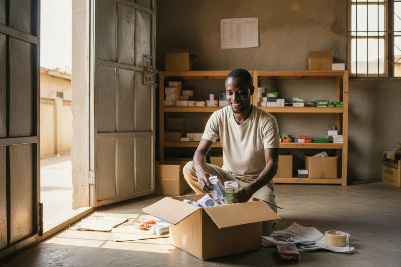 Kenyan entrepreneur unpacking imported goods in warehouse after clearing IDF in shipping Kenya
