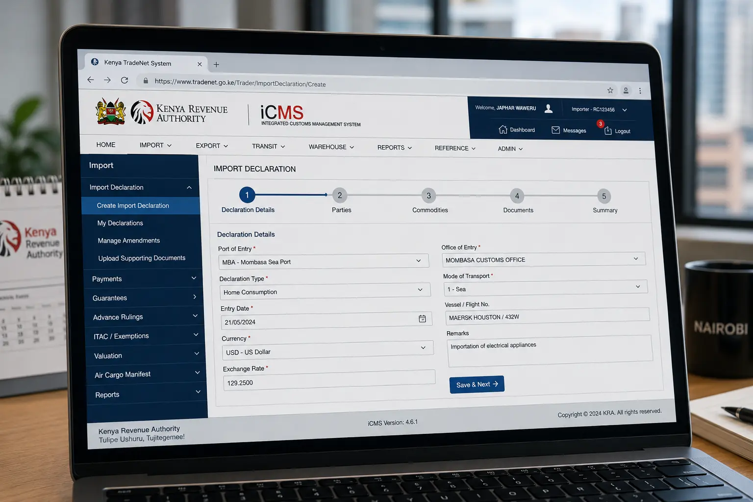 Laptop displaying Kenya Revenue Authority portal for filing IDF in shipping Kenya
