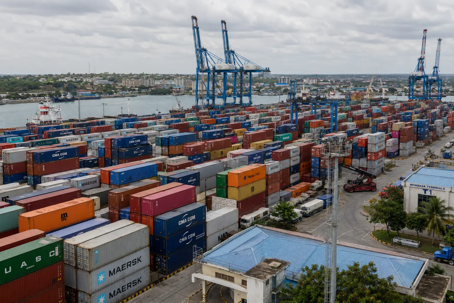 Shipping containers at Mombasa Terminal where goods are held without IDF clearance in Kenya