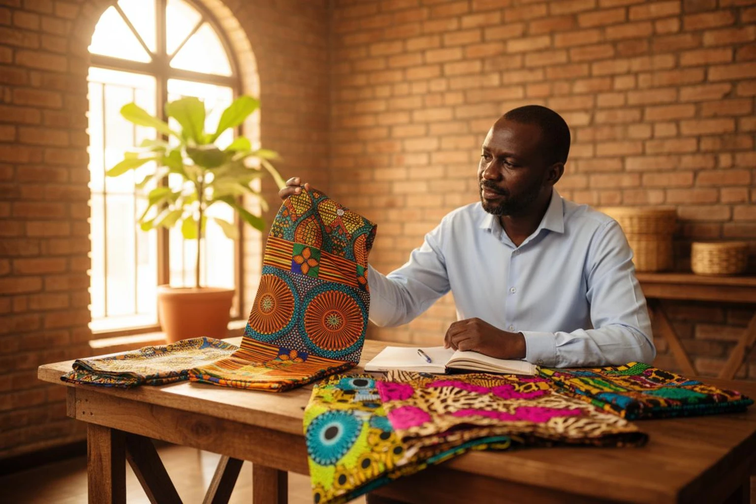 Kenya importer reviewing clothing samples sourced from Chinese factories