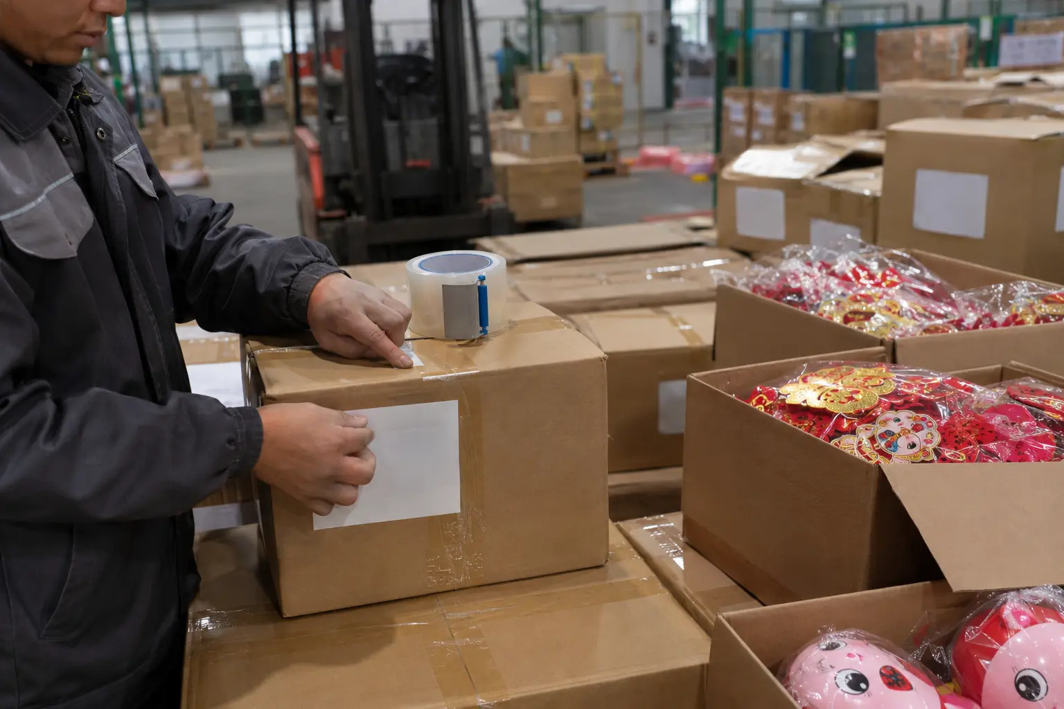 Festive decorations and toys packed at a warehouse in China ahead of shipment to Kenya