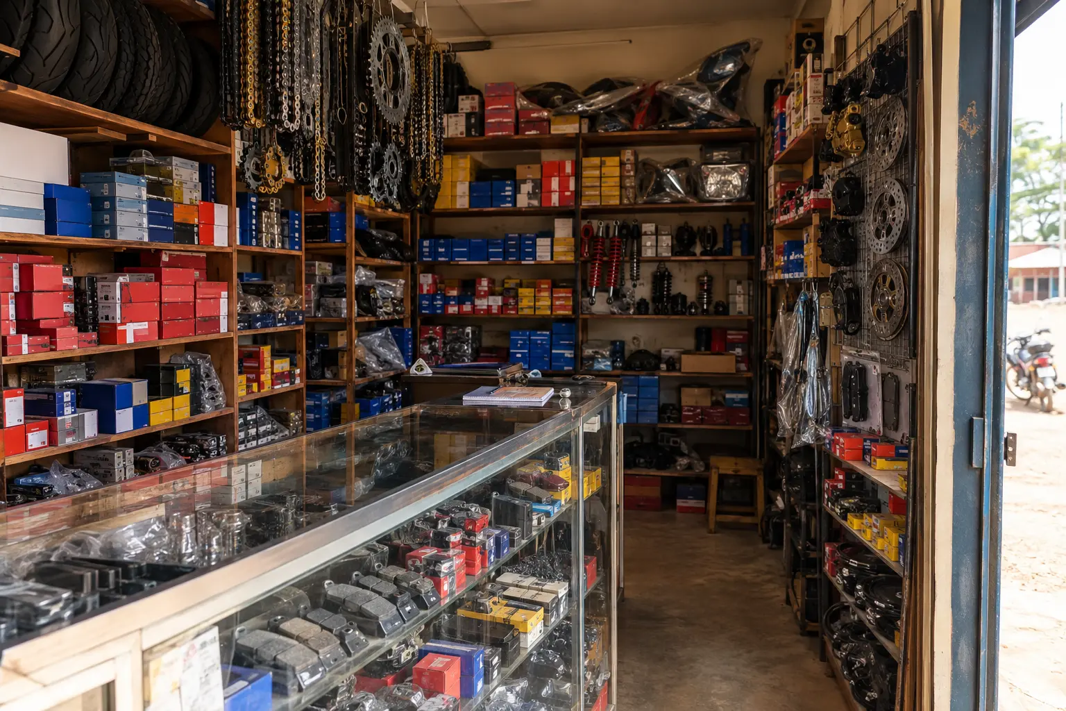 Kenyan boda boda spare parts shop shelves stocked with imported parts