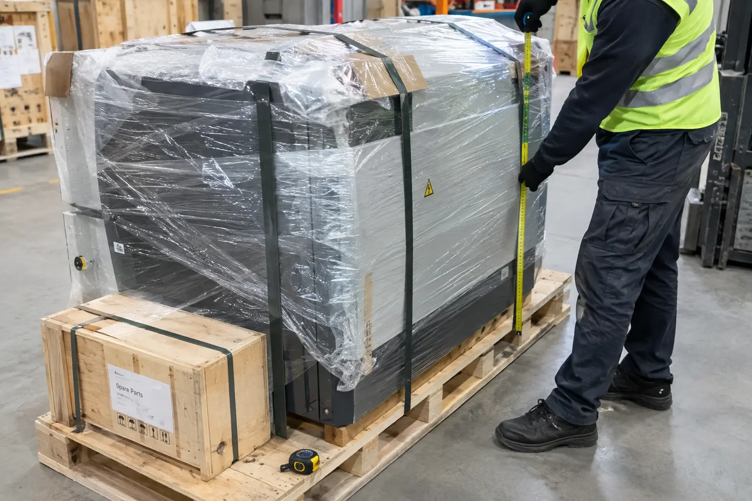 Industrial machine crated on a wooden pallet ready for sea freight from China to Kenya